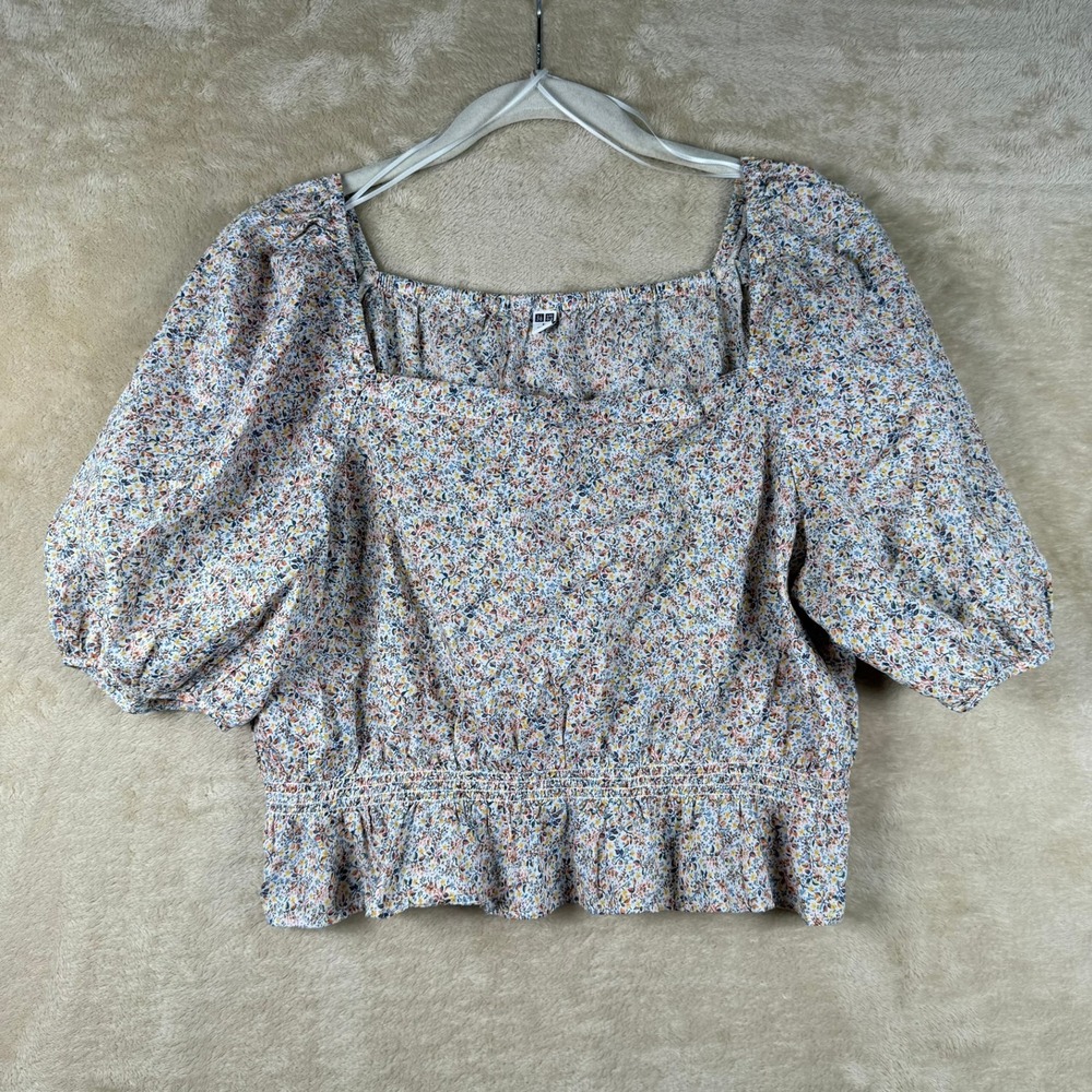 Uniqlo Floral Puff Sleeve Smocked Crop Top Square Neck Blue Yellow Largeβ Boho